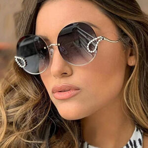 Trendy OVERSIZED Round Diamond Rhinestone Women's Fashion Sunglasses Blue  NEW